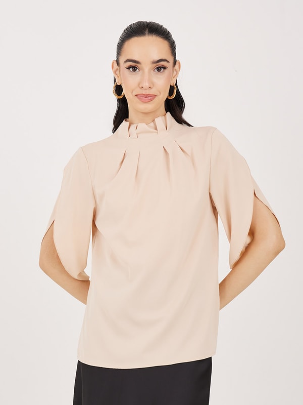Pleated High Neck Blouse with Tulip Sleeves For Women at Saudi | Styli