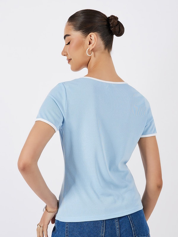 Buy Solid Ribbed Top with Piping Detail and Square Neck Blue