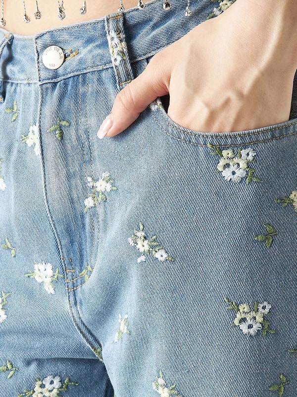 All Over Floral Embroidered Jeans with Pockets For Women at Saudi