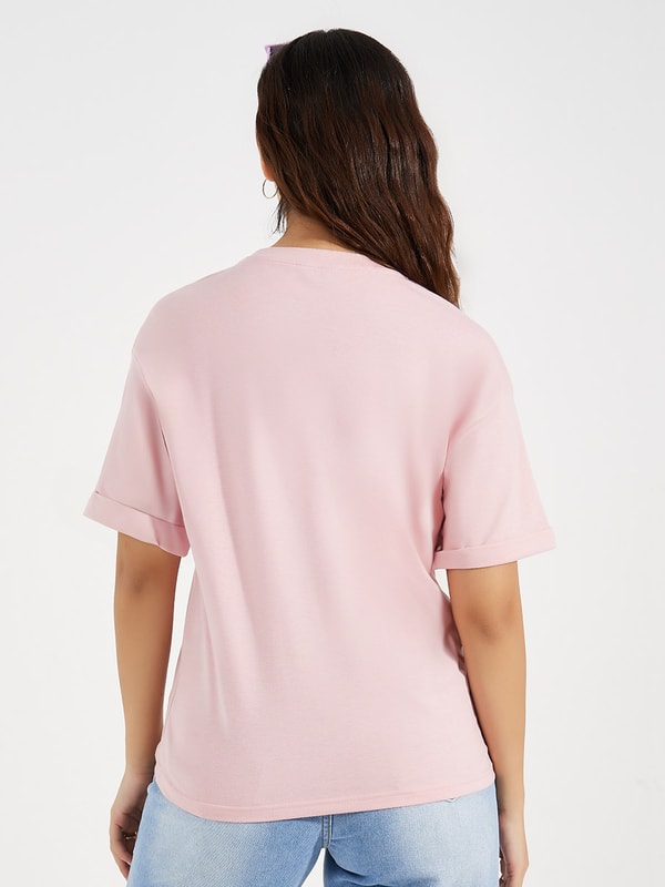 Buy Drop Shoulder Turn Up Sleeves Solid T-Shirt Pink For