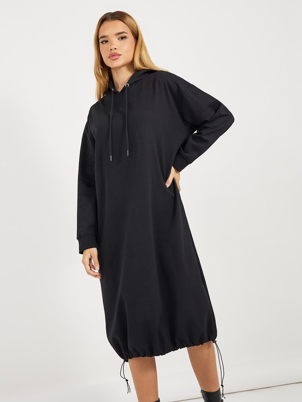 Oversized Hooded Sweatshirt Midi Dress with Toggle Hem For Women