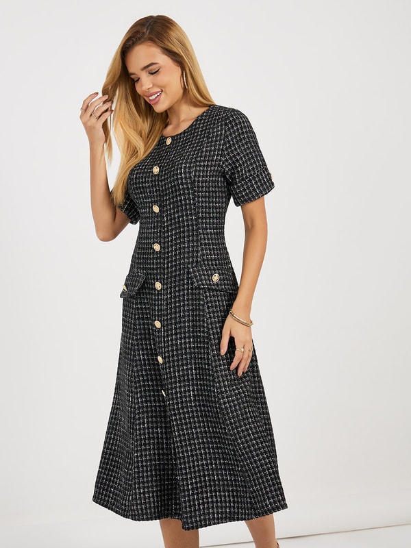Tweed A-Line Midi Dress with Button Detail For Women at Saudi | Styli