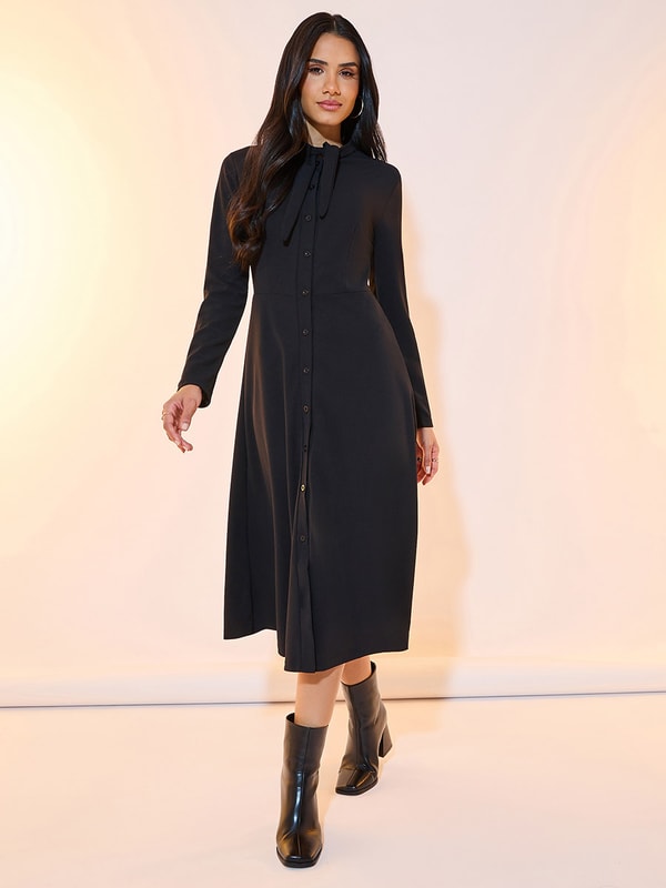 Buy Tie Detail Button Placket A-Line Midi Dress Black For