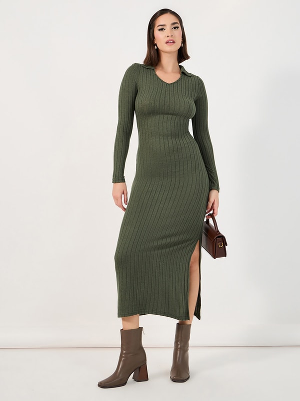 Collared Knit Bodycon Maxi Dress with Side Slit For Women at