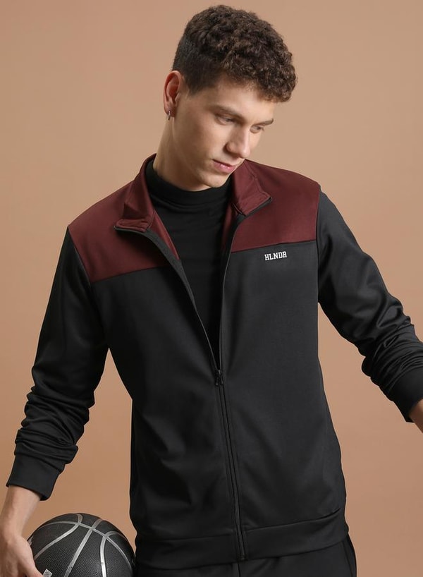 Color Block High Neck Zip Up Jacket For Men at Saudi Styli
