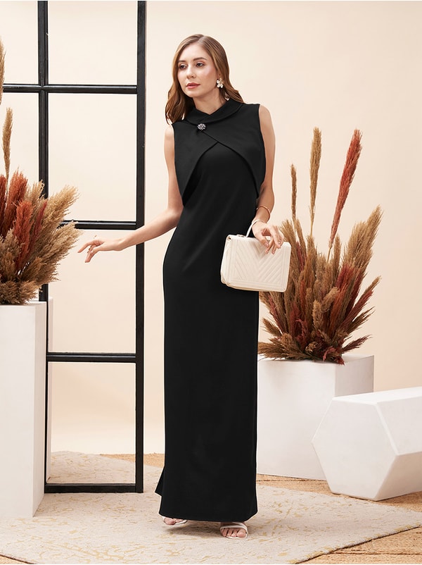 Buy Collared Overlap Detail Maxi Dress with Back Slit Black