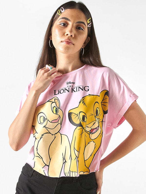Lion King Print T-Shirt with Turn-Up Sleeves For Women at UAE Styli