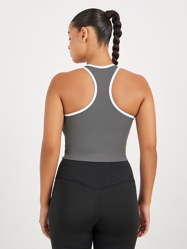 Ribbed Racerback Longline Sports Bra with Contrast Piping For Women at ...