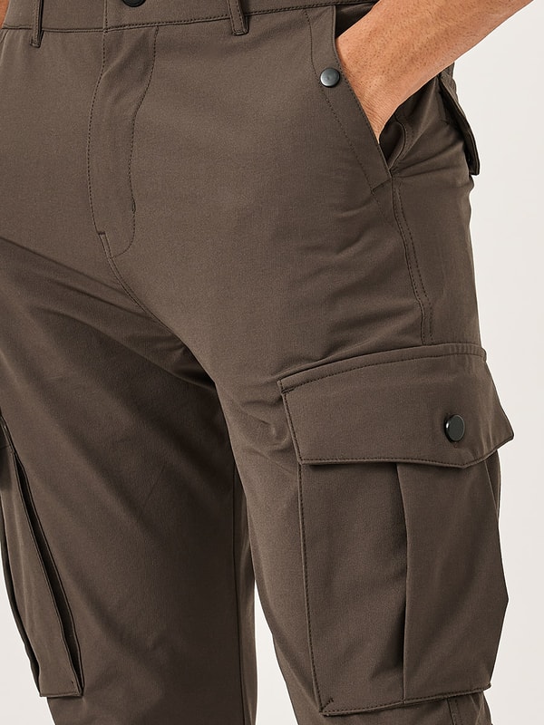 Men Brown Solid Cargo Pants with Drawstring Hem For Men at Saudi