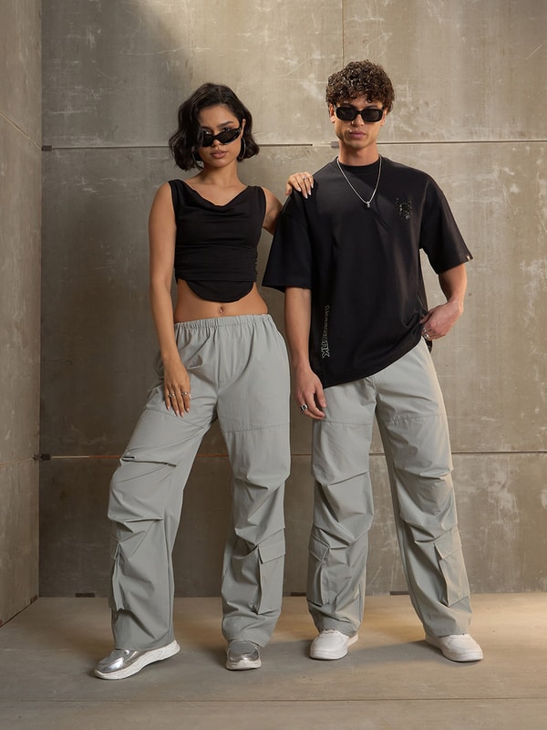Pleated Knee Baggy Parachute Pants For Men at Saudi | Styli