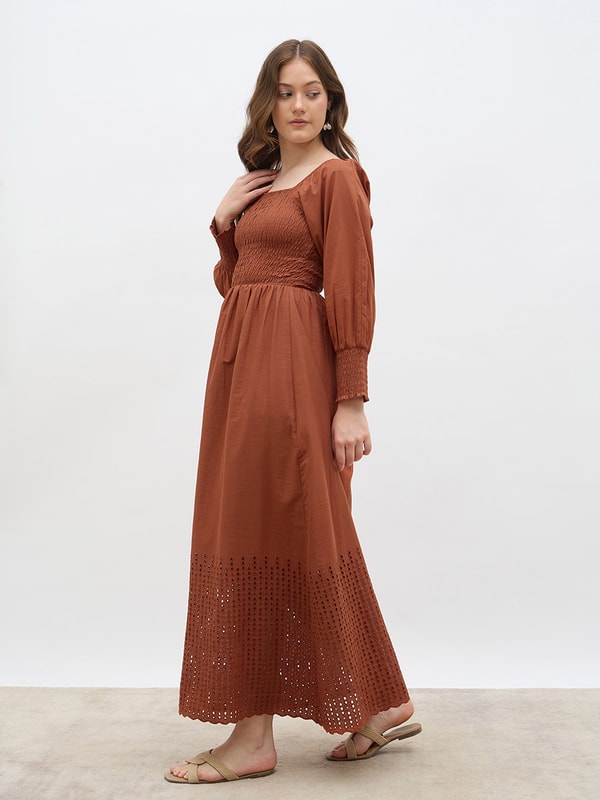 Women Rust Smocked Square Neck A-Line Maxi Dress with Schiffli Hem