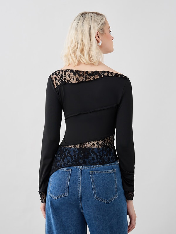 Solid Lace Detail Asymmetric Hem Top For Women at UAE | Styli
