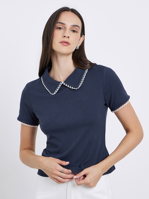 Women Navy Blue Collar Contrast Lining Knit Top For Women at UAE