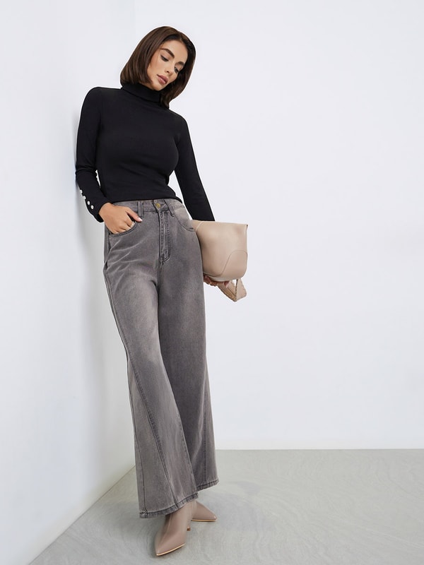High Rise Triangle Panelled Side Seam Wide Leg Jeans For Women at UAE ...