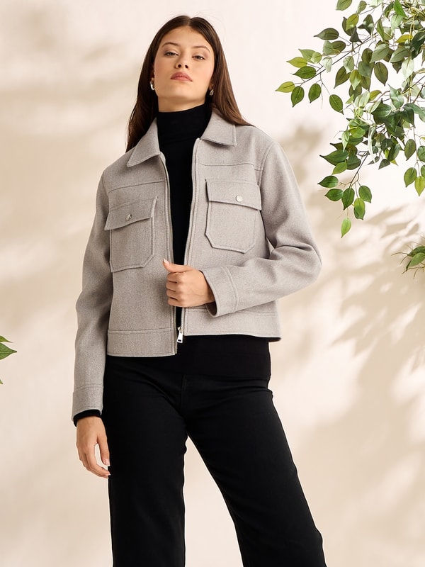 Cropped Zip Through Melton Jacket For Women at Kuwait | Styli