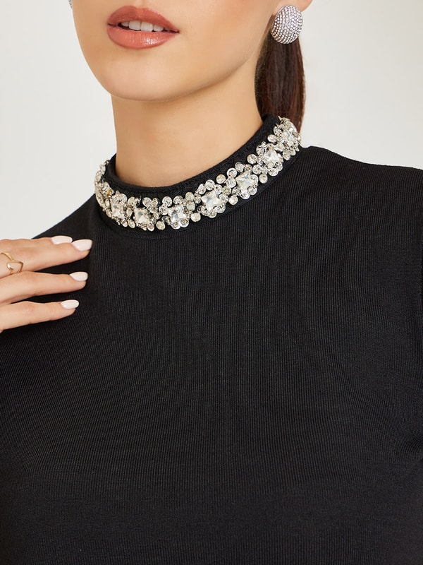 Women Black Embellished Neckline Top For Women at UAE | Styli