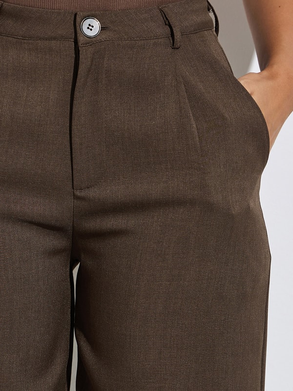 Brown Solid Wide Leg Pants For Women at Saudi | Styli