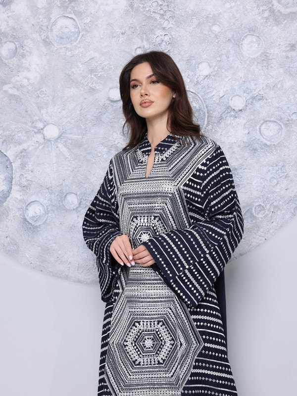 Layla Mirror Work Collared Jalabiya For Women at Saudi | Styli