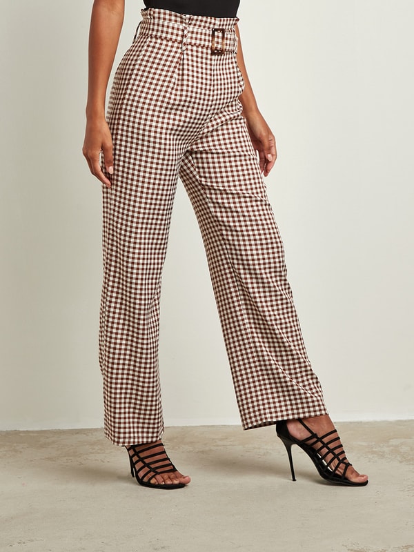 Gingham Paper Bag Waist Wide Leg Trouser with Belt Tie Up For