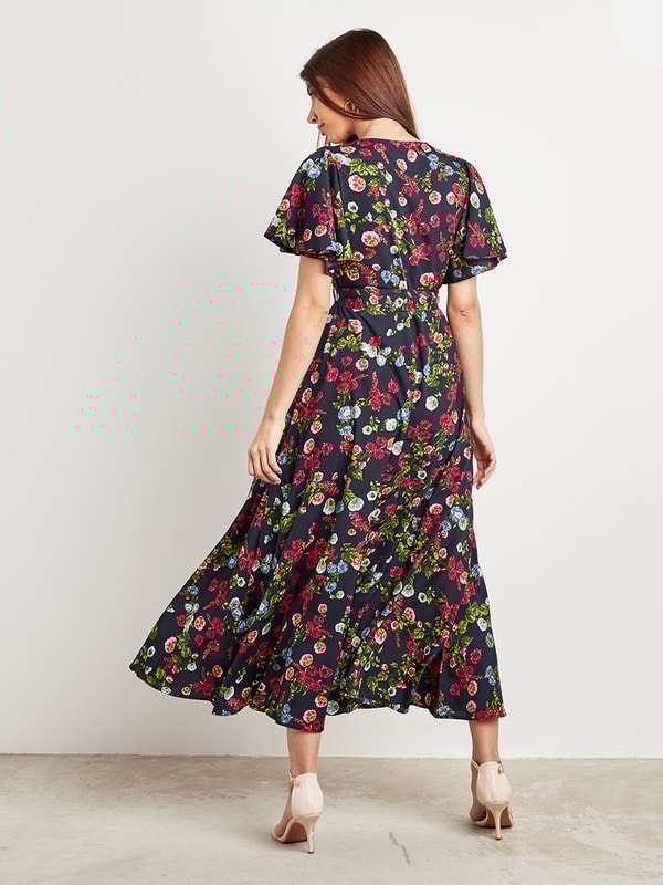 Floral Wrap Over Maxi Dress with Angel Sleeves Styli