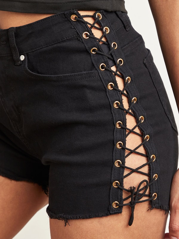 Buy Eyelet Lace Up Trim Denim Shorts Black For Women Styli Saudi