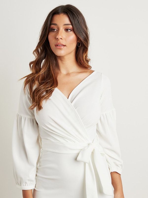 Chiffon Wrap White Knee Length Wrap Dress Belted Wrap Bodycon Knee Length  Dress With Balloon Sleeves