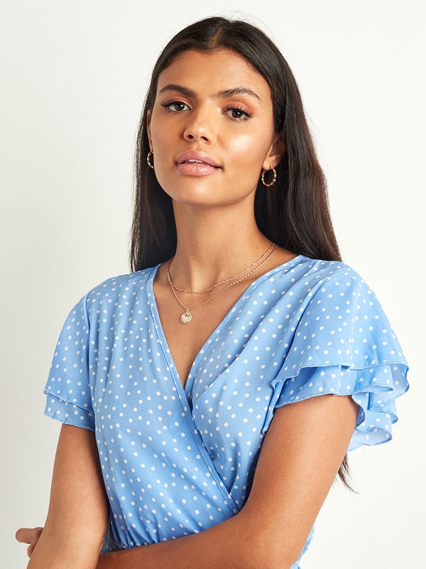 Buy Polka Dot Printed Wrap Midi Dress with High Low Hem Blue For Women Styli UAE