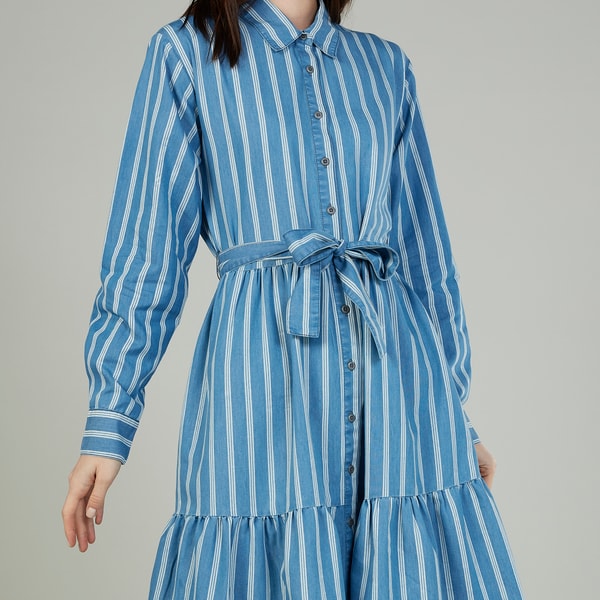 Buy Striped A line Midi Shirt Dress with Frill Hem Blue For Women Styli Saudi