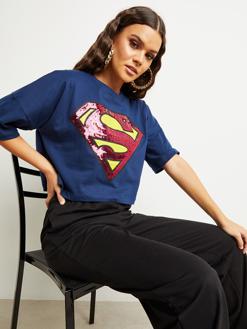Buy DC Comics Sequined Superwoman Boxy Crop T-shirt Navy