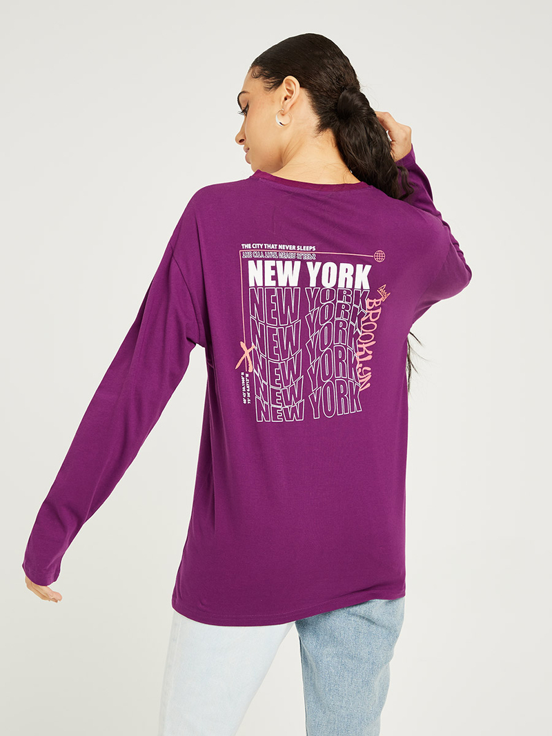 Buy Long Sleeves New York Back Print Oversized Longline T