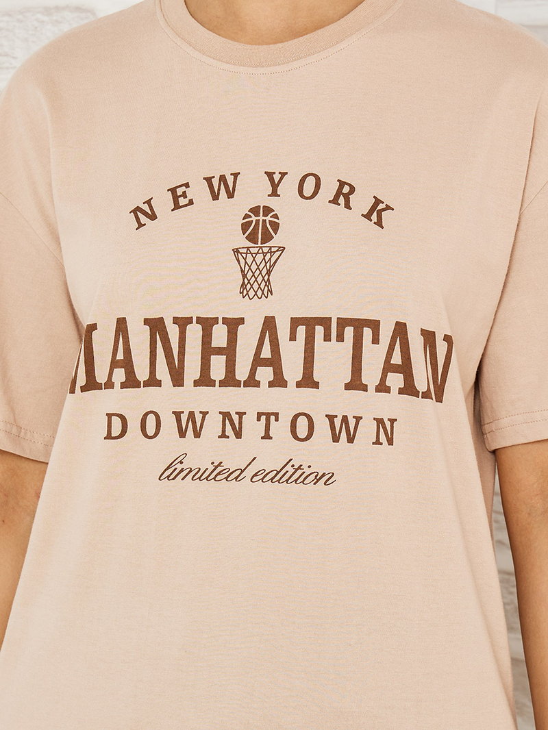 Buy Short Sleeves Manhattan Slogan Oversized Longline T