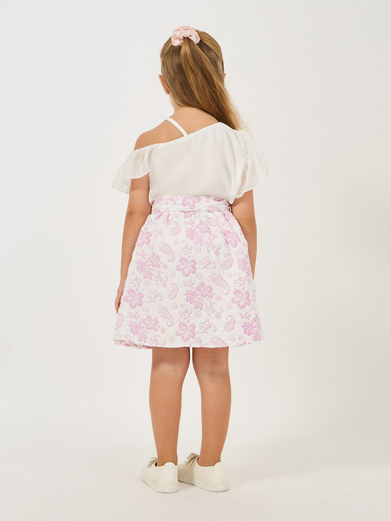 Buy Asymmetrical Ruffle Neck Top and Jacquard Skirt Set White For