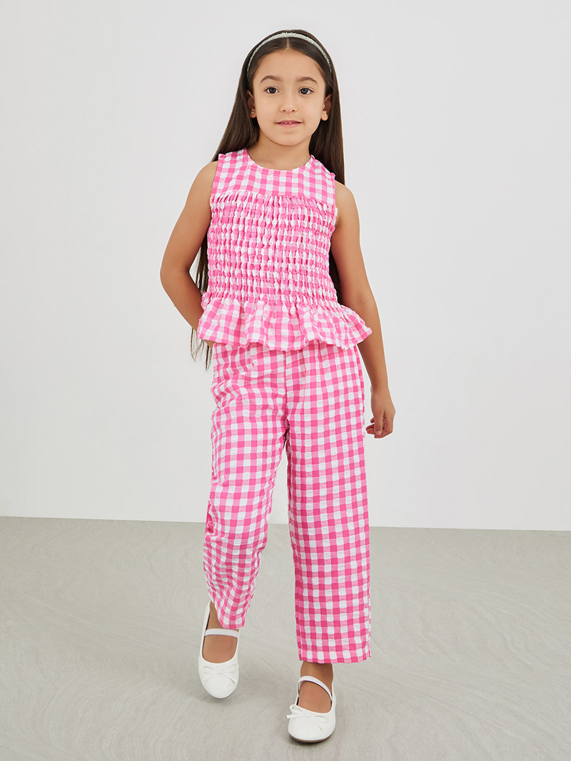 【新品・タグ付き】SZ Blockprints SARONG GINGHAM Buy Gingham Print Smocked Detail Top and Trousers Set Pink