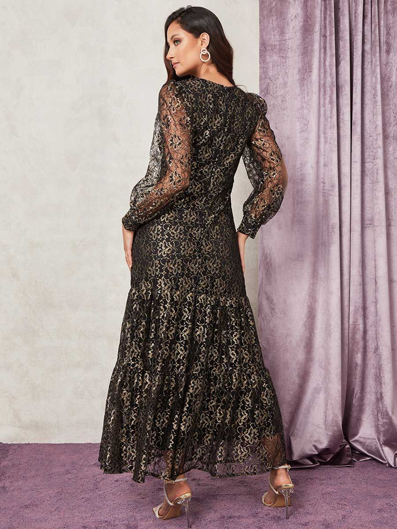Buy Long Sleeves All Over Metallic Lace Dress Frill Hem Maxi