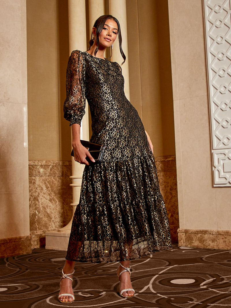 Buy Long Sleeves All Over Metallic Lace Dress Frill Hem Maxi