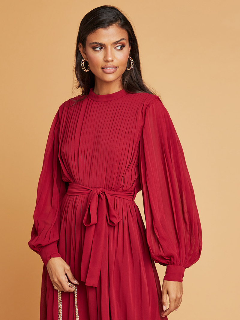 Pleated A-Line Maxi Dress with Balloon Sleeves For Women at