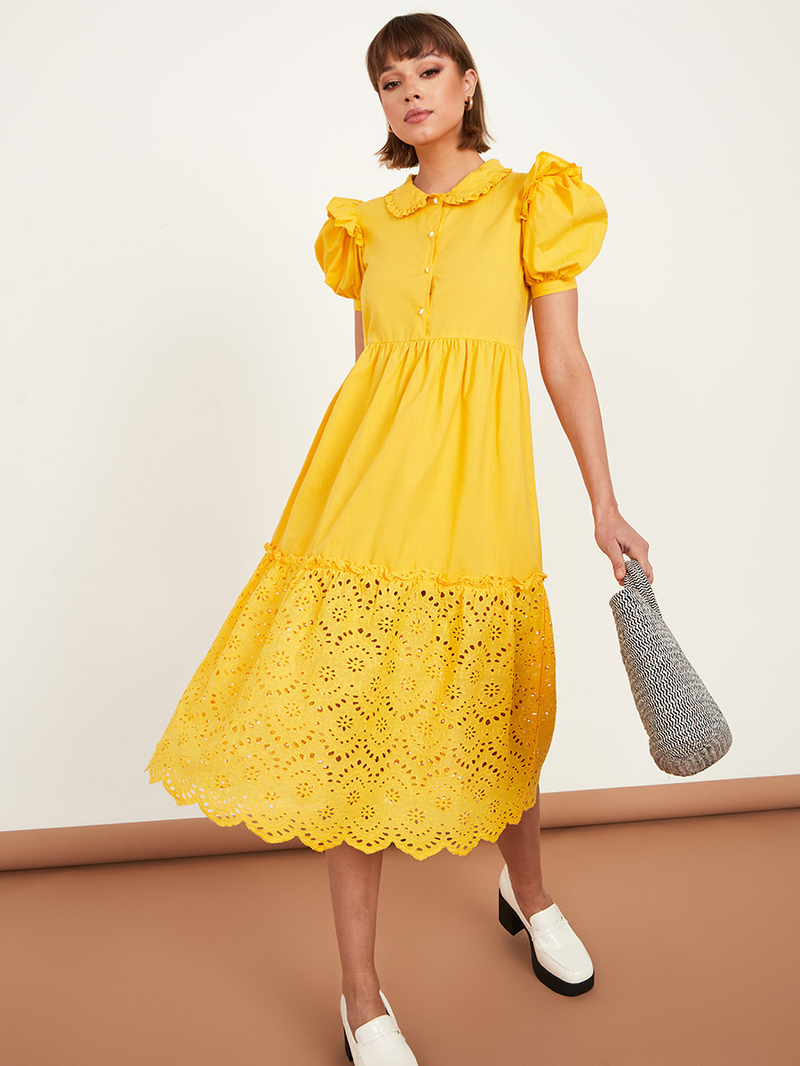 ワンピース AJISAI mini frill puff OP yellow Buy Short Puff Sleeves Peter Pan Collar Tiered Midi Dress