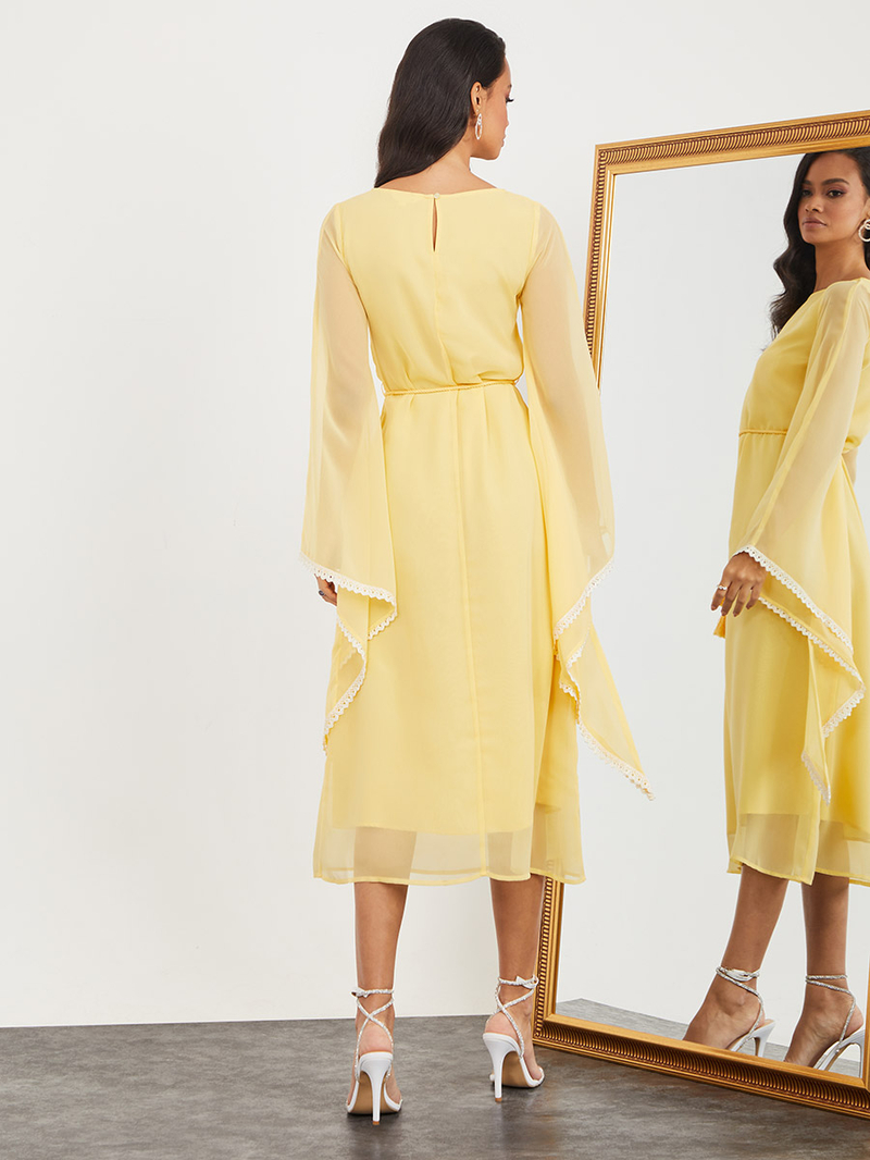Buy Long Flare Sleeves Tie String Belt A-Line Midi Dress