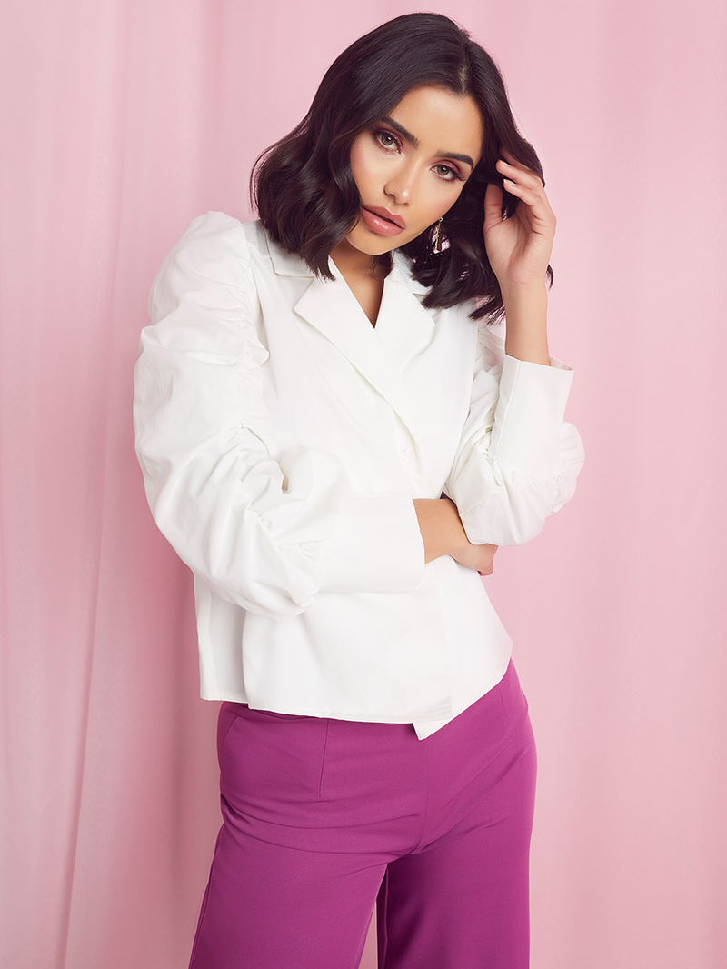 Buy Gathered Puff Sleeves Reverse Collar Shirt White For