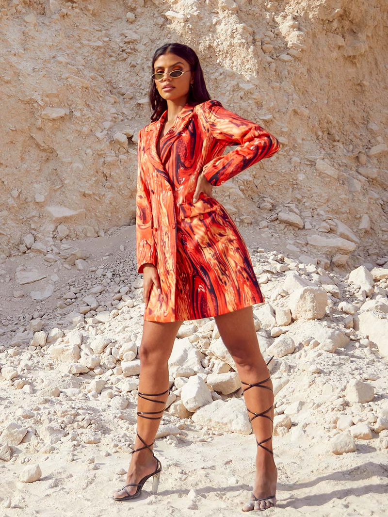 Buy Marble Fire Print Blazer Mini Dress Orange For Women
