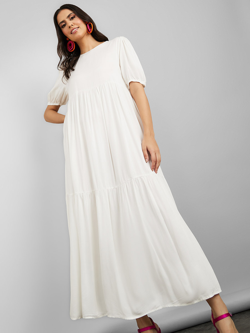 【美品】入江佑子 puffy oval long  26cm Buy Round Neck Puff Sleeves Tiered Maxi Dress White For