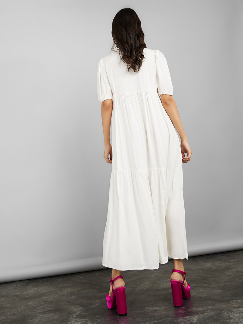 【美品】入江佑子 puffy oval long  26cm Buy Round Neck Puff Sleeves Tiered Maxi Dress White For