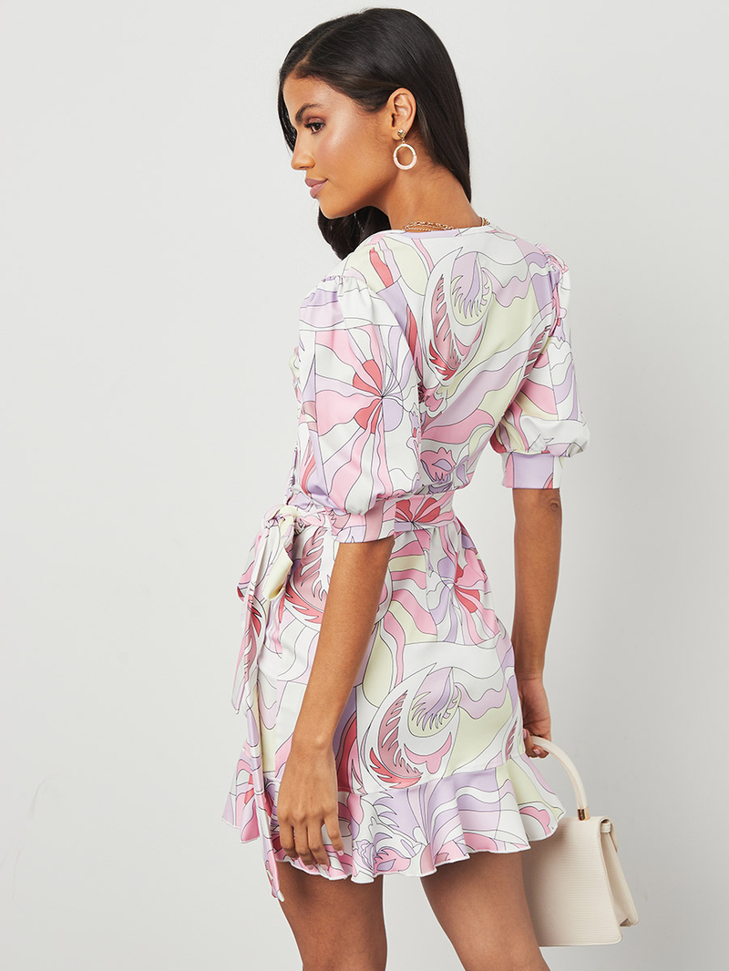 【新品未着用】Volume Sleeve Mini Dress Volume Short Sleeve Abstract Print Bodycon Mini Dress For