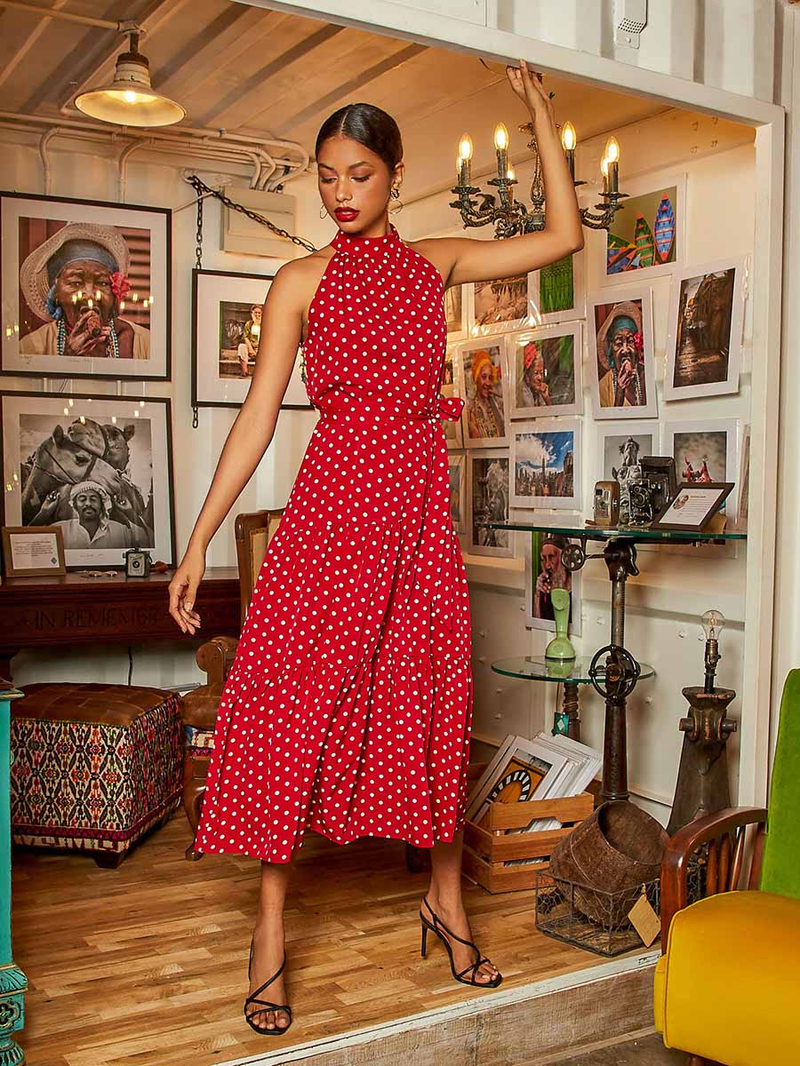 Buy Sleeveless Halter Neck Polka Dot Print Tiered A-Line