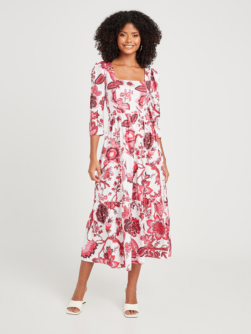 ★韓国人気★I AM MARI★SQUARE SHIRRING FLOWER DRESS Buy 3/4 Sleeves Floral Print Square Neck A-Line Knee Length