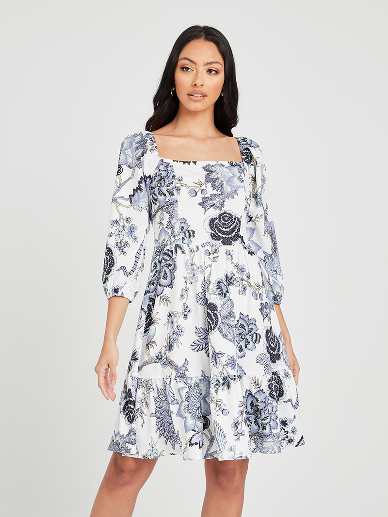 Buy 3/4 Sleeves Floral Print Square Neck A-Line Knee Length