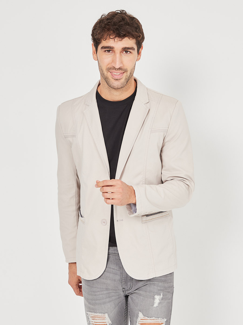 Buy Cotton Notch Lapel Casual Blazer with Welt Pocket Detail
