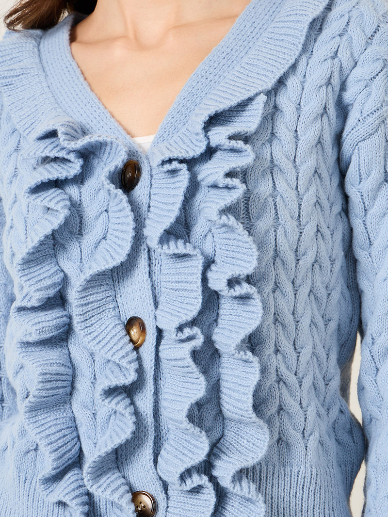 Buy Regular Fit Cable Knit Ruffle Detail Cardigan Light Blue