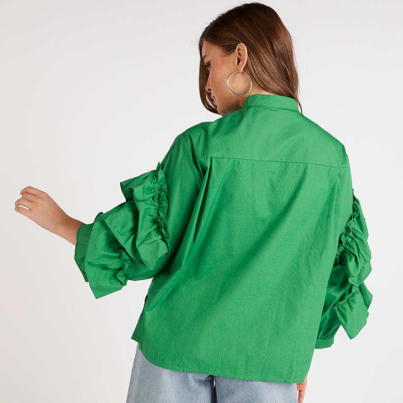 Buy Layered Ruffle Sleeves Mandarin Collar Boxy Fit Shirt