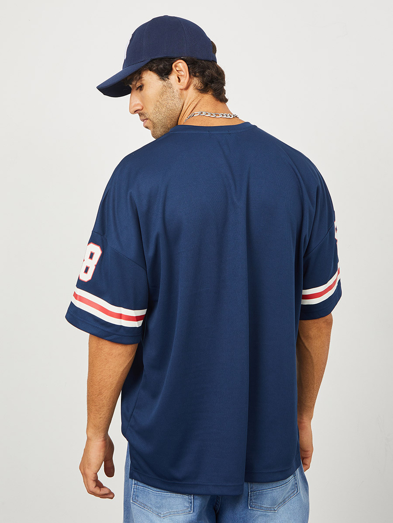 Buy Varsity Print Mesh Knit Oversized T-shirt Navy Blue For